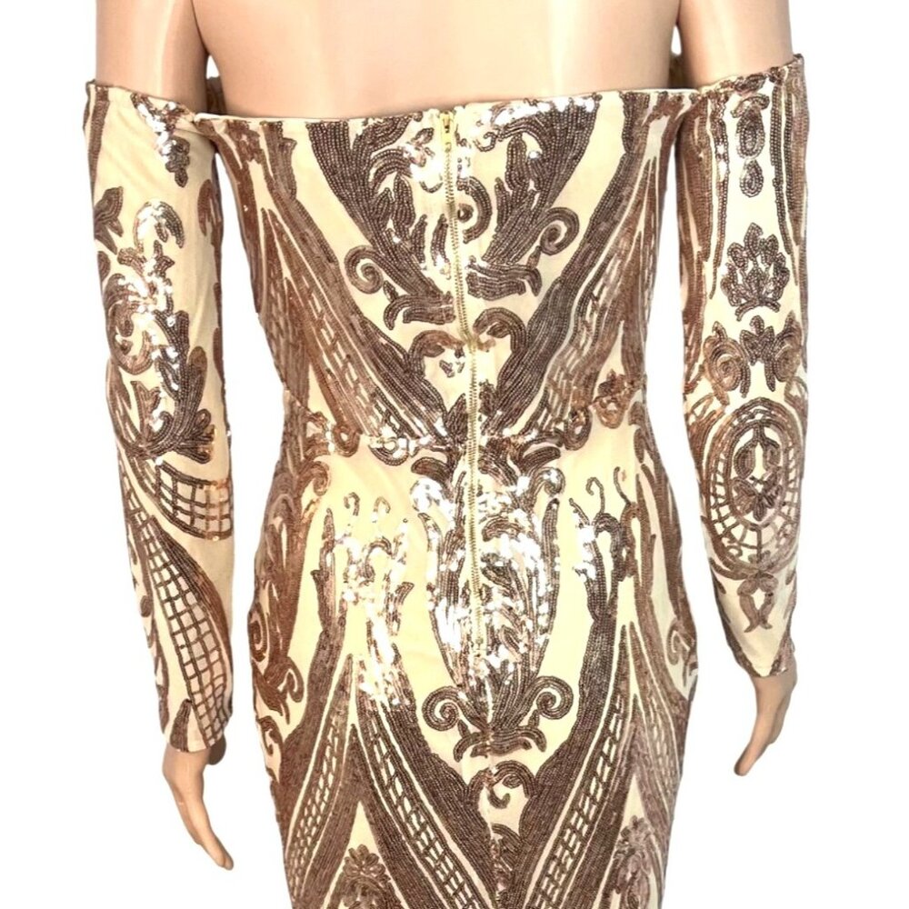 Miss Ord Gold Sequin Formal Gown Off-Shoulder Long Sleeves & Train Bodycon Small - Picture 7 of 9